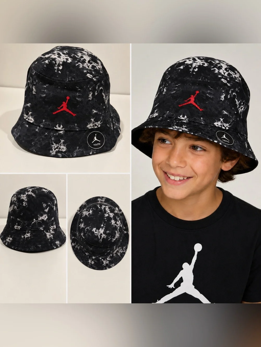 NWT Nike Jordan Jumpman Boys Black & White Tie-Dye Bucket Hat Size 8/20 Youth